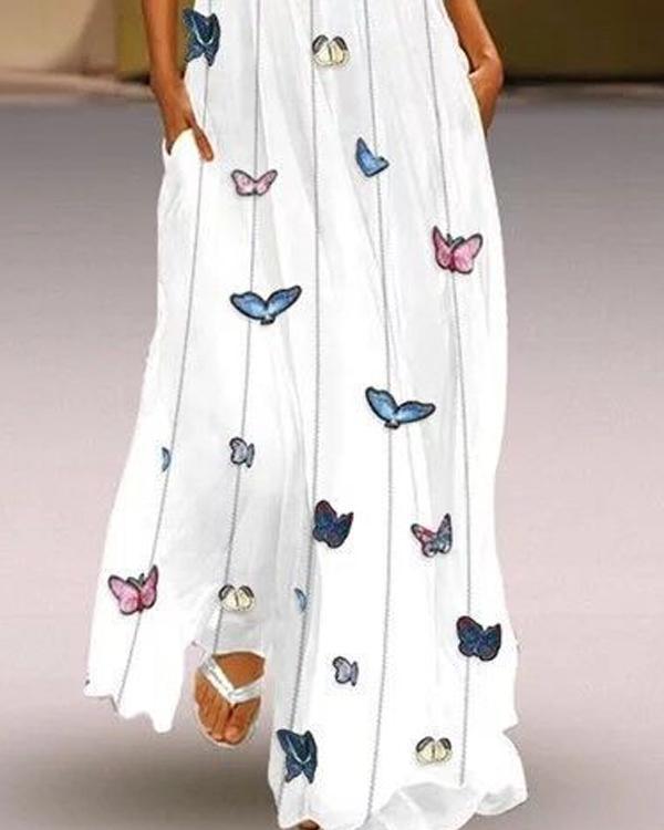 White Maxi Dresses Round Neck Summer Shift Holiday Printed Dresses