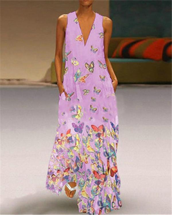 Vintage V Neck Summer Sleeveless Printed  Maxi Dresses