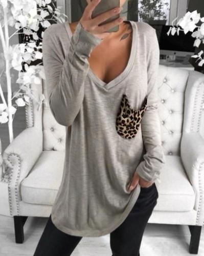 Casual V-neck Solid Color Patch Pocket Blouse Long-sleeved Loose Top