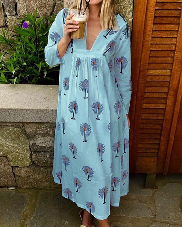 Plus Size Palm Tree Print Women Summer Maxi Dresses