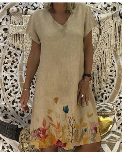 Women V-Neck Short Sleeve Lotus Printed Hem Summer Mini Dress