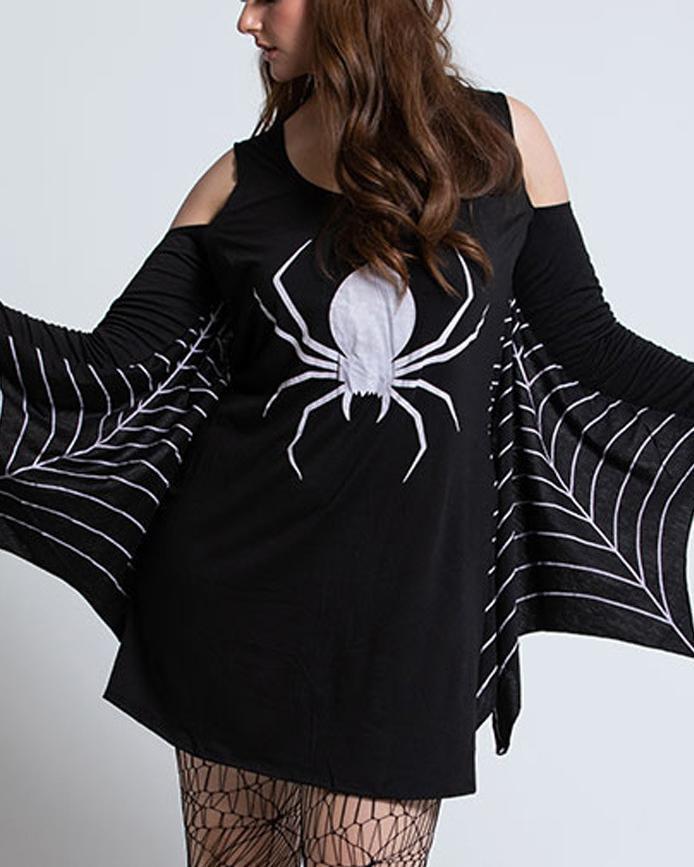 Halloween Giant Spider Print Women Fashion Casual Mini Dresses