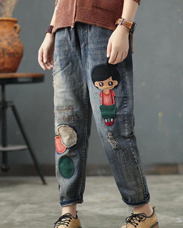 Women Cartoon Printed Casual Elastic Waist Pockets Jeans