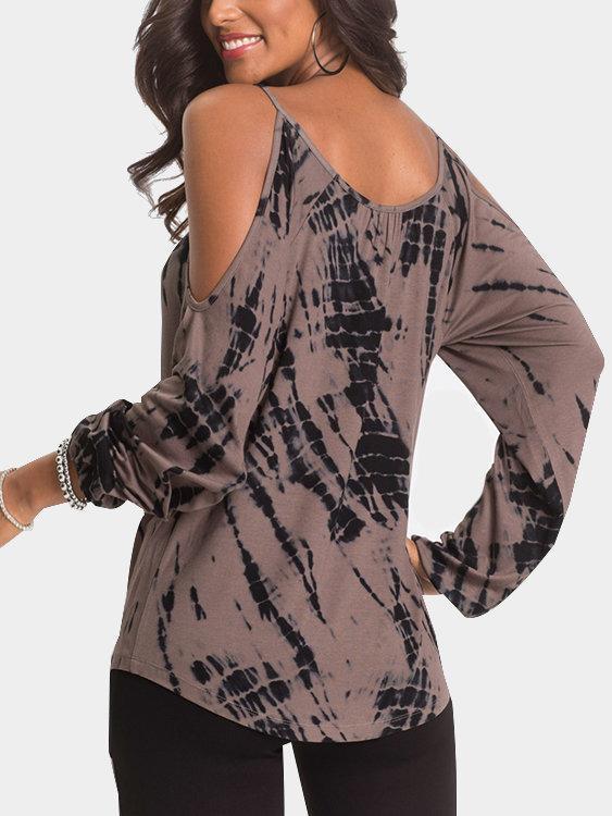 Contrast Printed Cold Shoulder Long Sleeves Curved Hem Casual Tshirts