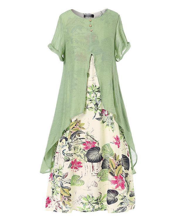 Vintage Print Patchwork Summer Plus Size Maxi Dress With Pockets