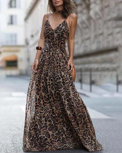 Women Fashion Leopard V-Neck Sleeveless Maxi  Dress