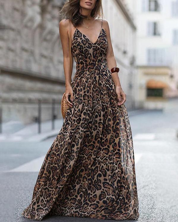 Women Fashion Leopard V-Neck Sleeveless Maxi  Dress