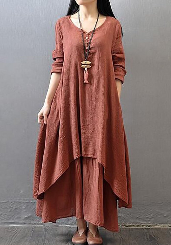 Vintage Women Long Sleeve V-Neck Irregular Maxi Dresses