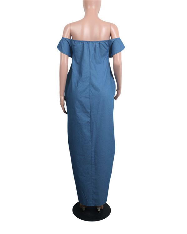 Blue Pockets Off Shoulder Backless Denim Pockets Party Maxi Dress