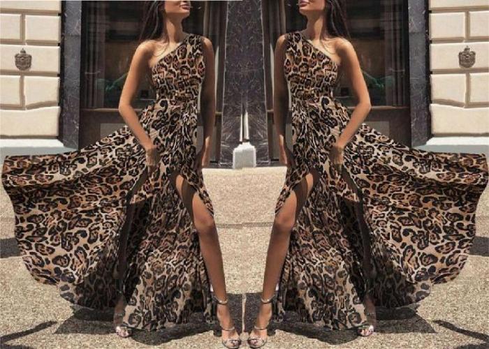 Women's Sexy One Shoulder Leopard Maxi Dress