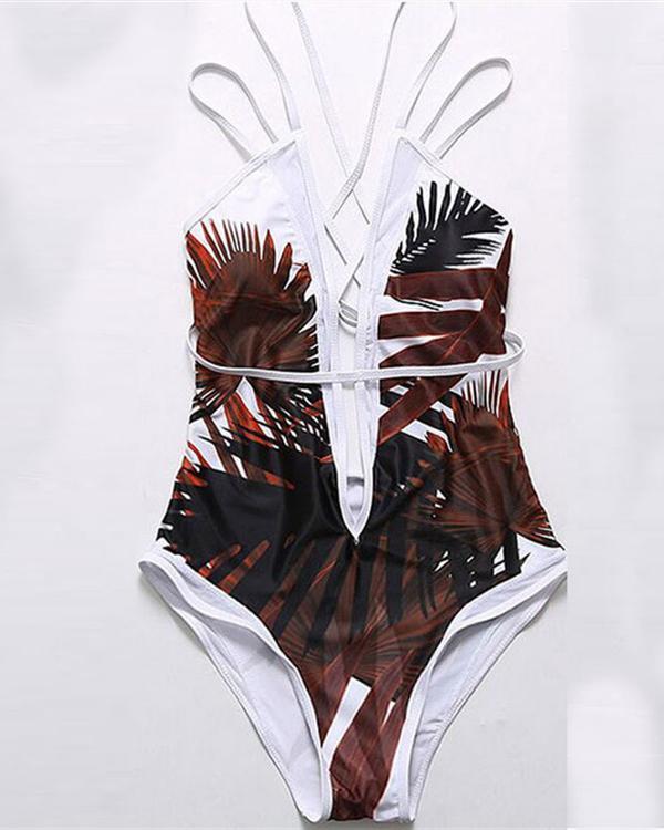 Women One-Piece Leaves Printed Backless Swimsuits