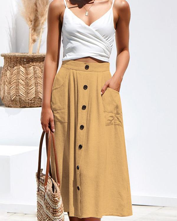 Women's Casual Solid Button Front High Waist A Line Midi Skirt