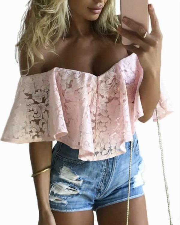 Off-The-Shoulder Frill Overlay Lace Bodysuit Tops