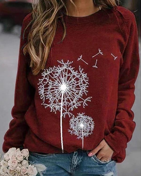 Dandelion Printed Round Neck Casual Loose Sweater