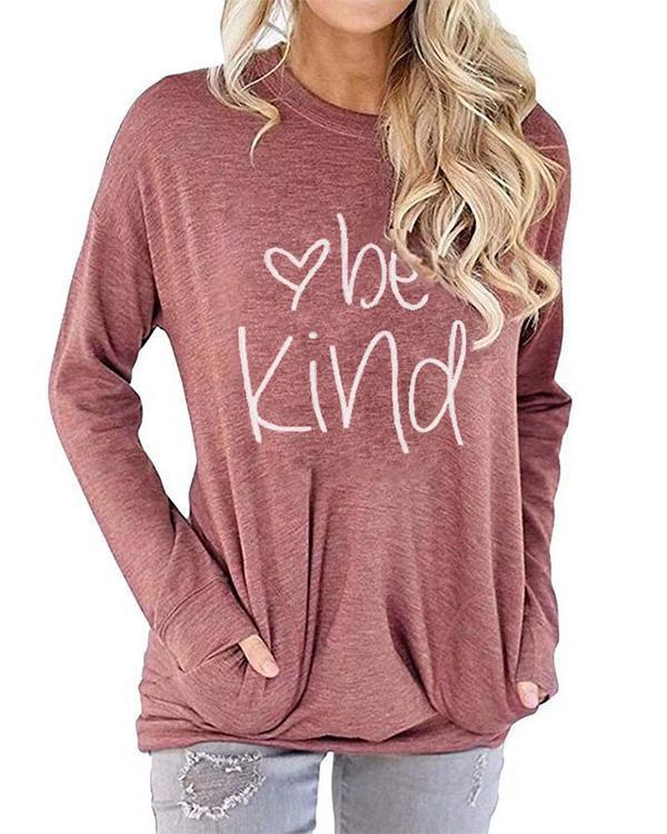 Be Kind Women's Casual Long Sleeve Solid and Letter Printed Shirts Blouses