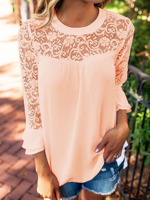 Lace Details Round Neck Long Sleeves Chiffon Top
