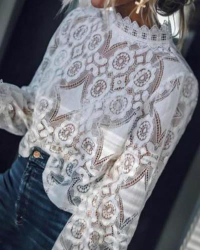 Fashion High Neck Long Sleeve Lace Blouses