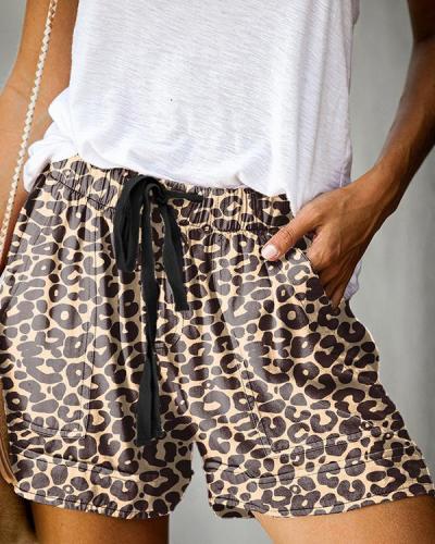 Elastic High Waist Leopard Printed Pocketed Adjustable Rope Pants