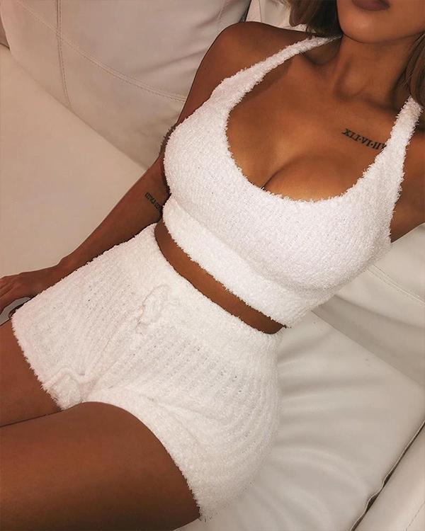 Solid Spaghetti Strap Crop Top & Short Sets