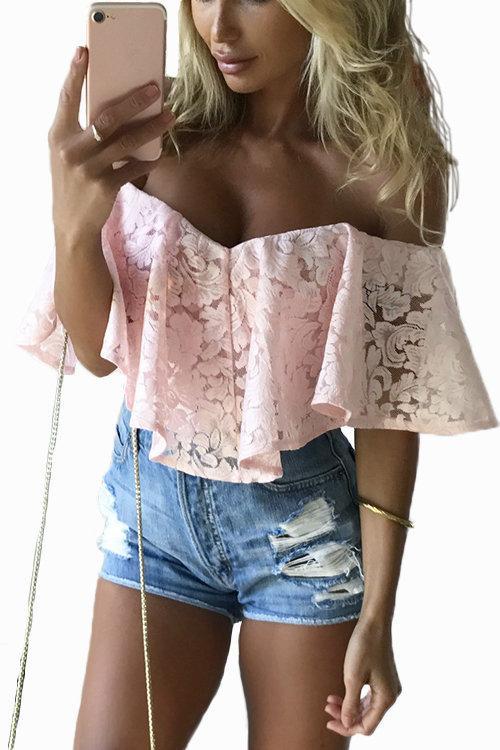 Off-The-Shoulder Frill Overlay Lace Bodysuit Tops
