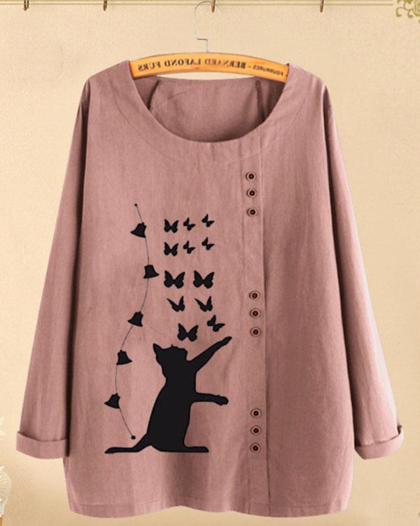 Fall Fashion Cat Butterfly Print Button Large Sizes Long-sleeved Shirts