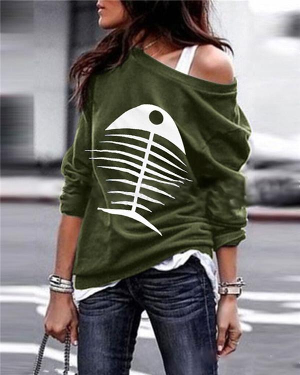 Fish Bone One Shoulder Tops Holiday Fall Daily Casual Blouse