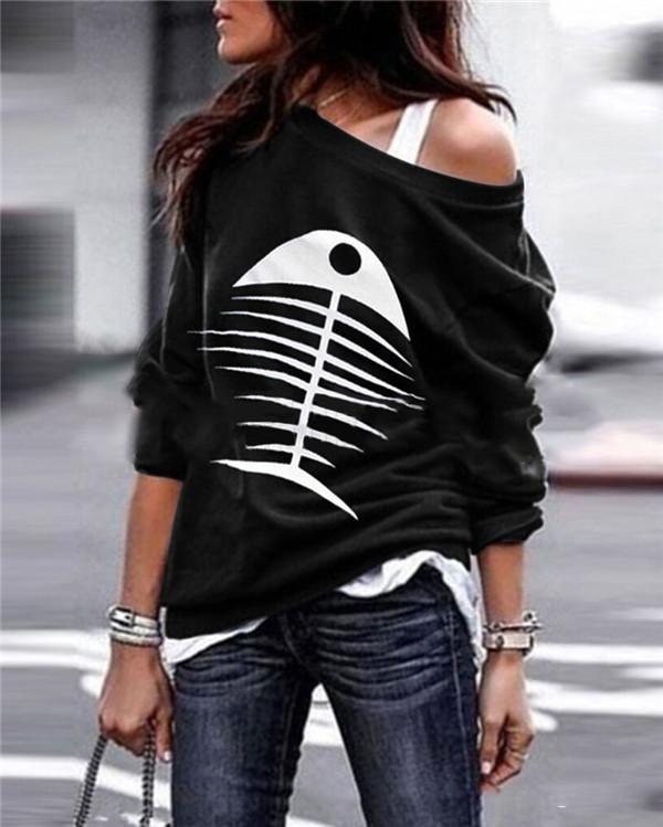 Fish Bone One Shoulder Tops Holiday Fall Daily Casual Blouse