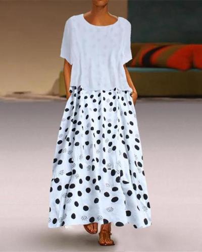 Casual Round Collar Polka Dot Print Maxi Dress