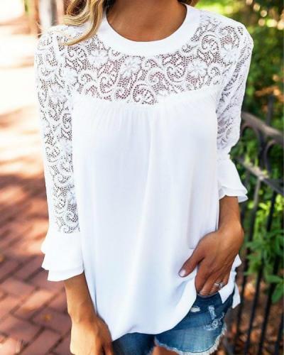 Lace Details Round Neck Long Sleeves Chiffon Top