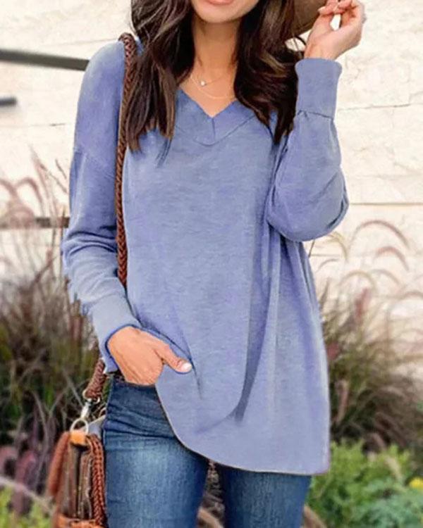 Khaki Long Sleeve V Neck Cotton-Blend Shirts & Tops