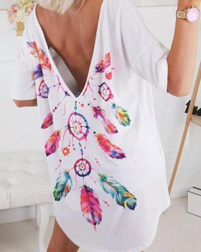 Feather Print Open Back Casual Blouse
