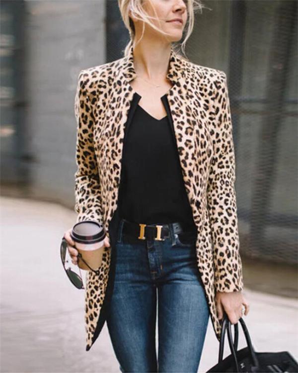 Leopard Printed Cardient Long Sleeve Fashionable Outwear Coat
