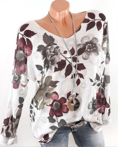 Floral Print Crew Neck Long Sleeve Casual T-shirts Tops