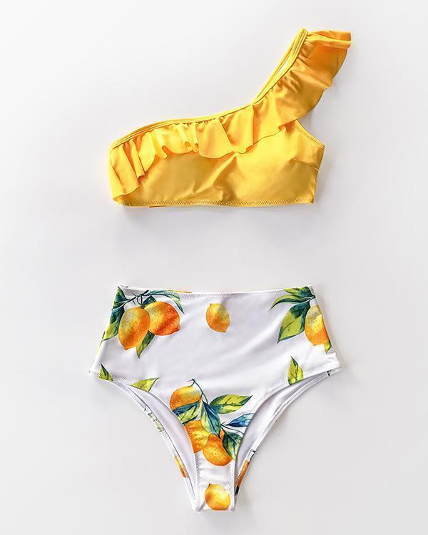 Yellow Lemon Print One Shoulder High Waist Bikini Sets