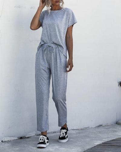 Casual Round Neck Short Sleeve Solid Color Jumpsuit