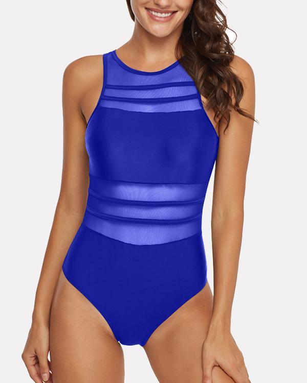 Sexy High Neck Mesh Striped Backless Sexy One Bathing Suit Swimwear