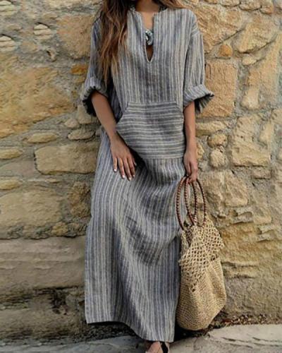 Casual Loose Maxi Dresses Cotton Linen Striped Long Sleeve Spring Dress