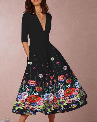 Floral V Neck A-line Pockets Casual Midi Dress