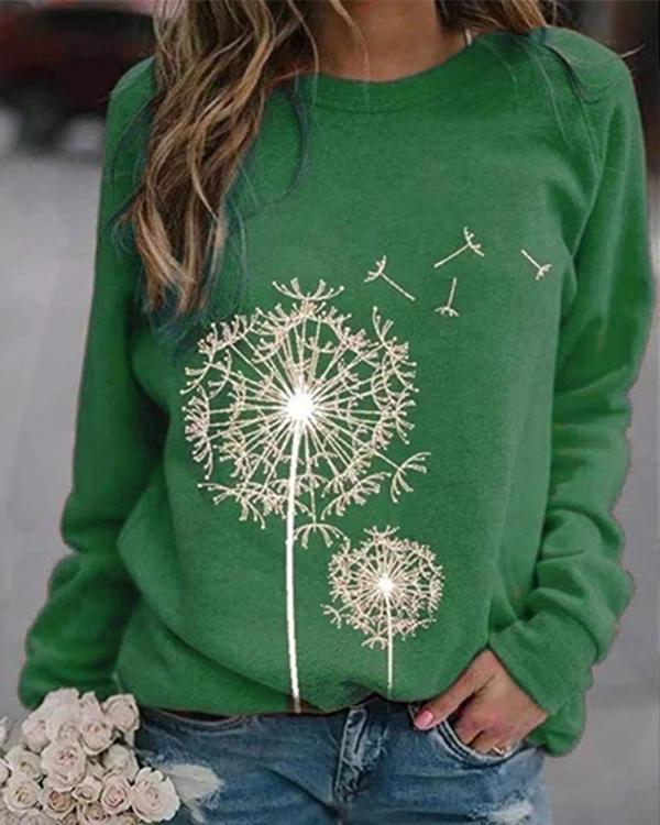 Dandelion Printed Round Neck Casual Loose Sweater