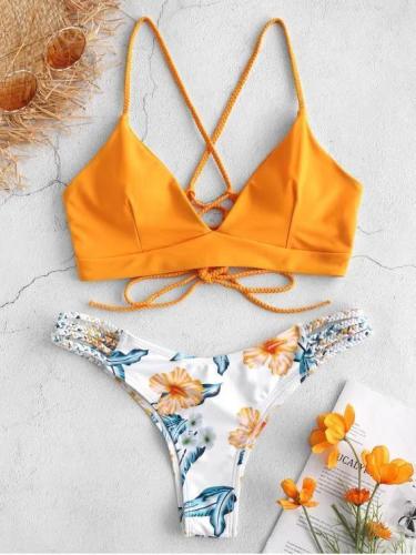 Lace-Up Braided Flower Bikini Set