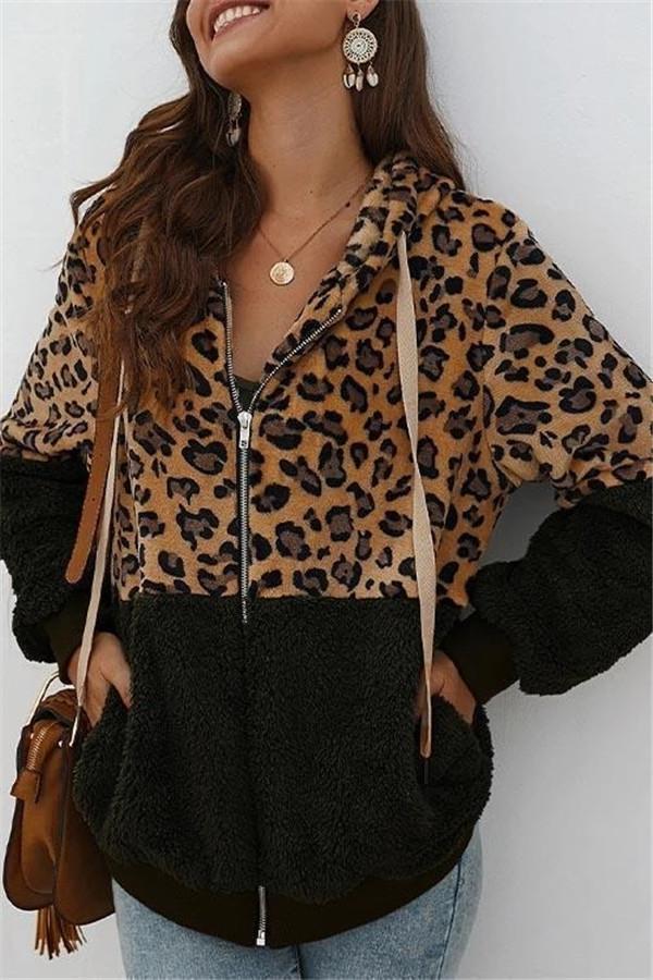 Leopard Zip-Up Patchwork Hooded Coat(5 Colors)