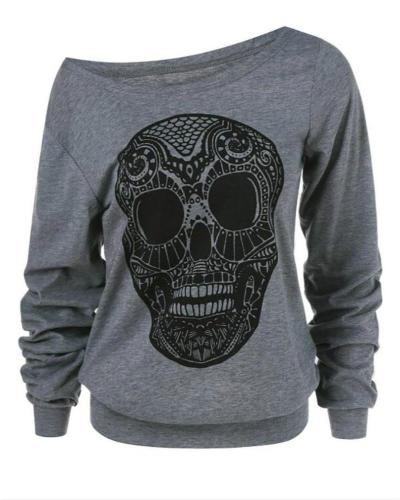 Halloween Skull Print Skew Collar Plus Size Sweatshirt
