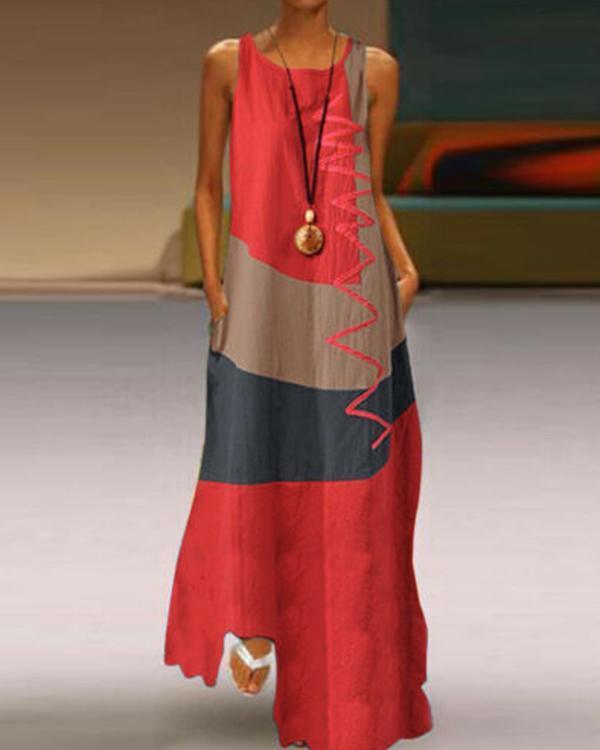 Women's Plus Size Maxi long Dress Sleeveless Color Block Print Dress