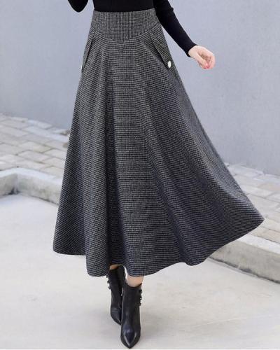 Women Woolen Elegant High Waist Plaid Skirts