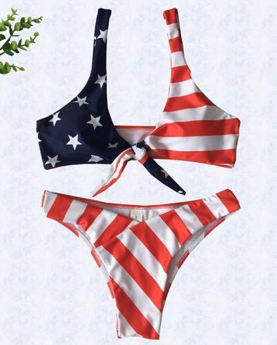 Sexy Knotted Flag Printed Split Bikinit
