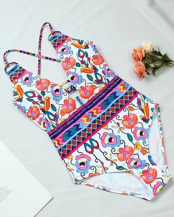 Printed Straps One Piece Swimsuit