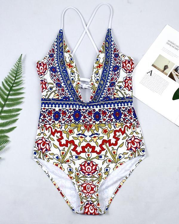 Printed Straps One Piece Swimsuit