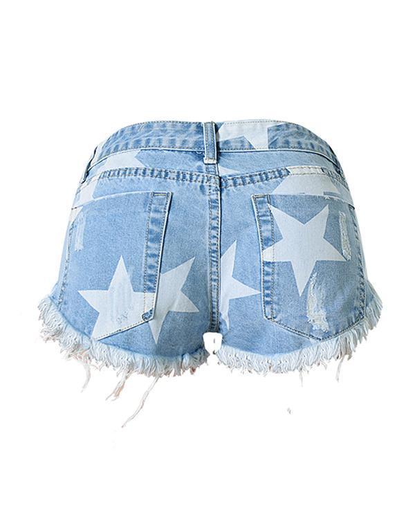 Low Waist Star Printing Denim Shorts Pants