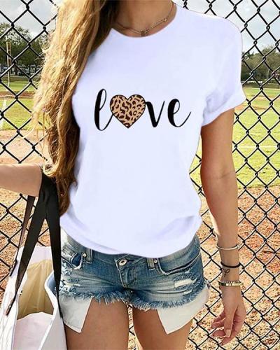 Love Heart  Women Short Sleeve Shirt Printed Leopard Tops