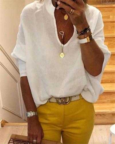 Loose Casual Solid Women Summer V Neck Holiday Daily Blouse
